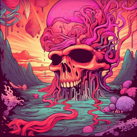 Skull in the sea. Vector illustration of a tattoo style.の素材