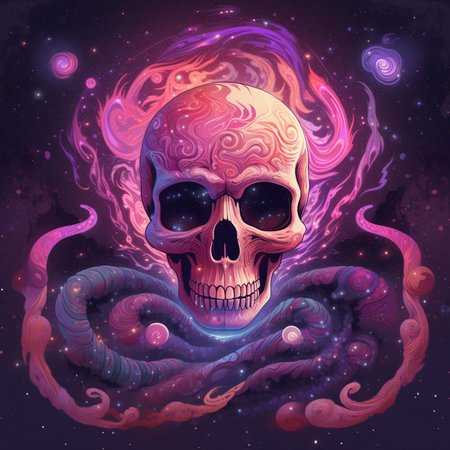 Skull in cosmic space with fire and smoke. Vector illustration.の素材