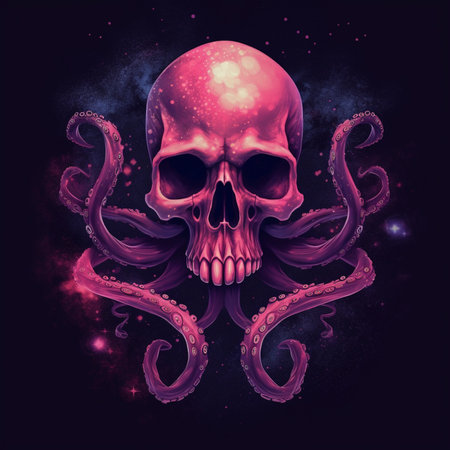 Human skull with octopus tentacles on dark background. Vector illustration.の素材