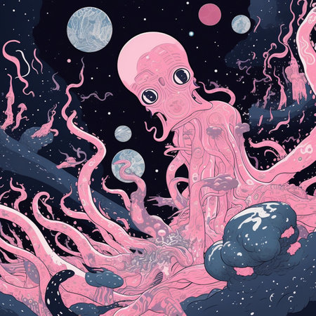 Illustration of an octopus in a space with planets and starsの素材
