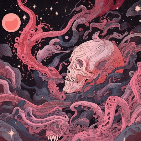 Vector hand drawn illustration of human skull and octopus tentacles in space.の素材