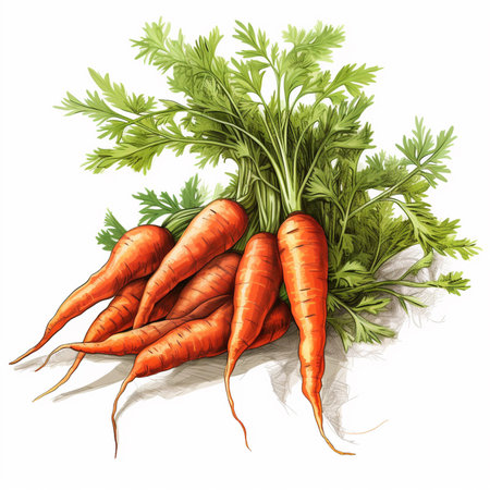 Fresh carrots with green leaves isolated on white background, vector illustration.の素材
