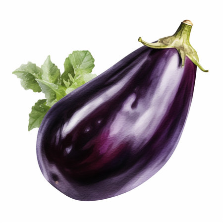 Eggplant with leaves isolated on white background. Watercolor illustrationの素材