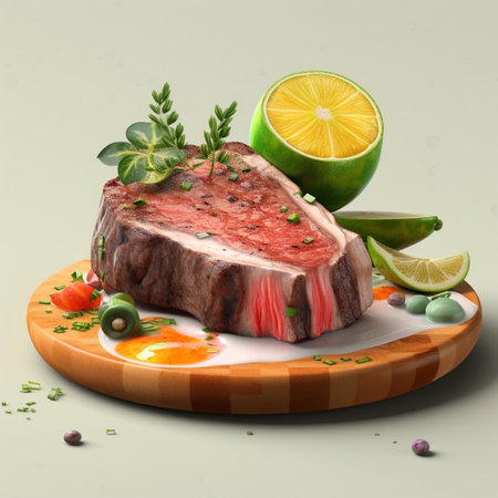 Raw beef steak with lime and herbs on a round wooden board.の素材