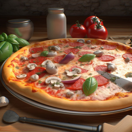 Pizza with mushrooms, tomatoes and mozzarella cheese on wooden tableの素材