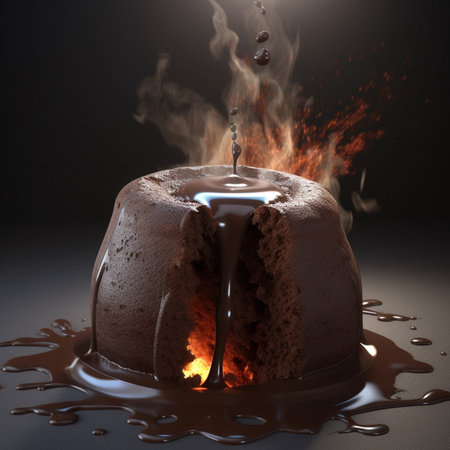 Chocolate pudding with melting chocolate on dark background, 3d renderの素材