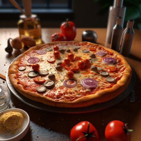 Pizza with salami, mushrooms, onions and tomatoes on wooden tableの素材
