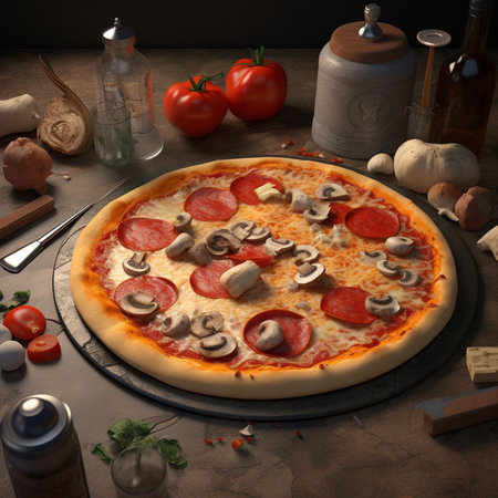 Pizza with salami, mushrooms and cheese on a dark backgroundの素材