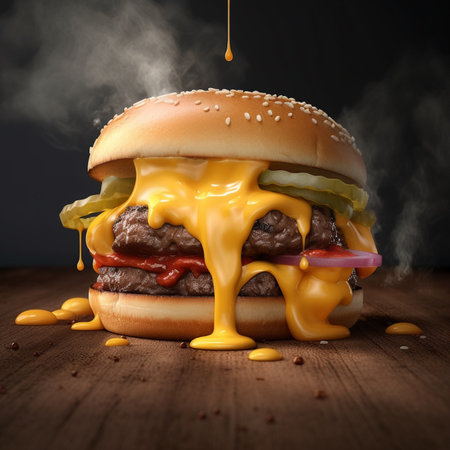 Cheeseburger with melted cheese on a wooden table. 3d renderingの素材