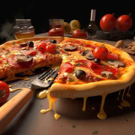 Pizza with cheese, tomatoes and olives on a black backgroundの素材