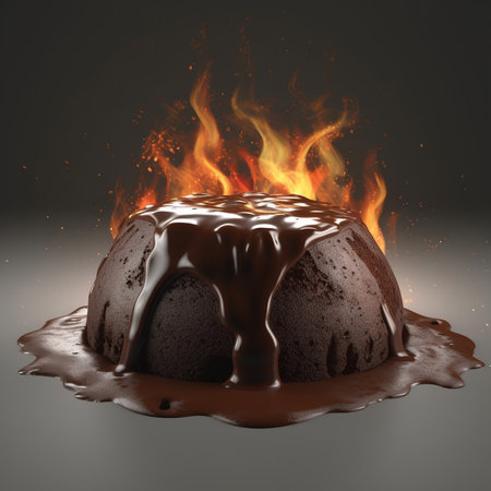 Chocolate pudding with melted chocolate on a dark background. 3d renderingの素材