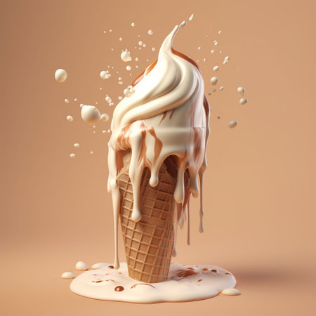 Ice cream in waffle cone with splashes and drops of milk. 3d illustrationの素材