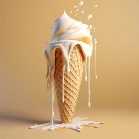 Ice cream in waffle cone with splashes of milk. 3d renderingの素材