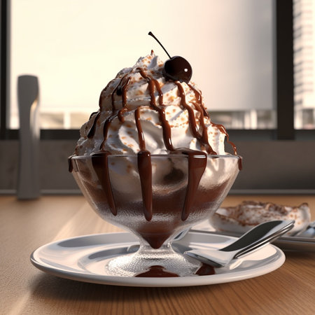 Chocolate ice cream with whipped cream in glass bowl on wooden tableの素材