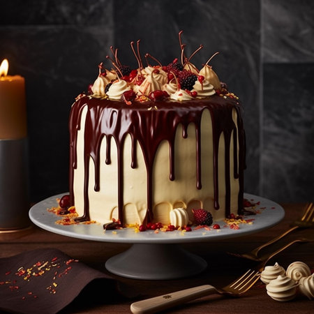 Birthday cake with chocolate glaze and berries on a dark backgroundの素材