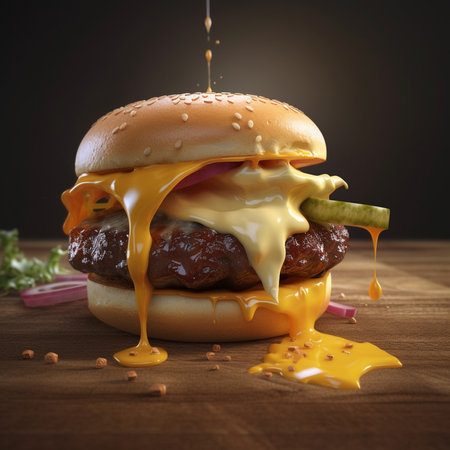 Hamburger with melted cheese on a wooden table, close-upの素材