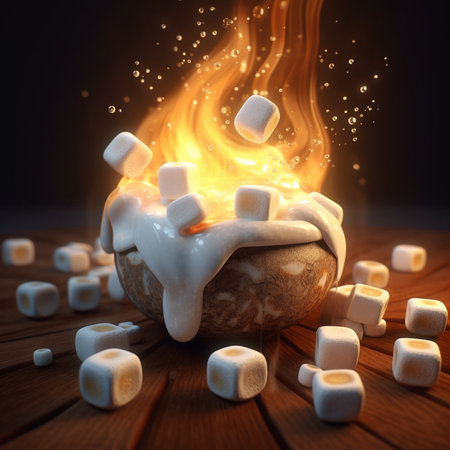 Hot chocolate with marshmallows on wooden table. 3d renderingの素材