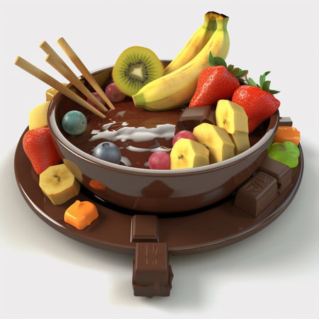 Chocolate fondue with fruits on a white background. 3d renderingの素材