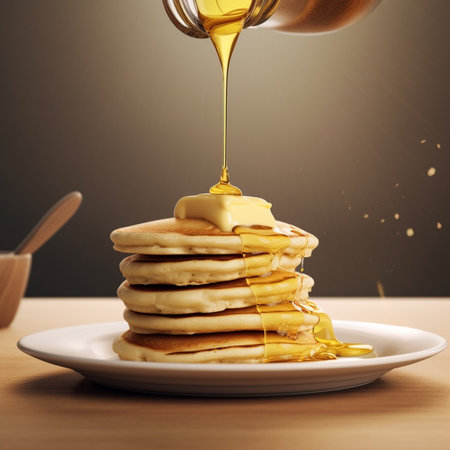 Pouring honey on stack of pancakes with maple syrup on wooden tableの素材