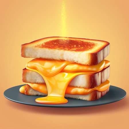 3d illustration of a big sandwich with melted cheese on a plateの素材