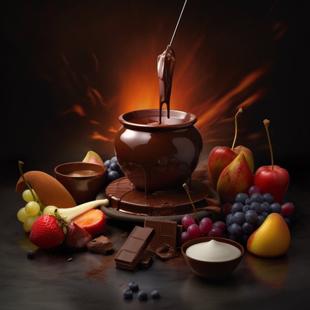 Chocolate fondue with fruits and chocolate pieces over dark background.の素材