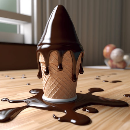 Chocolate ice cream in a waffle cone on a wooden tableの素材