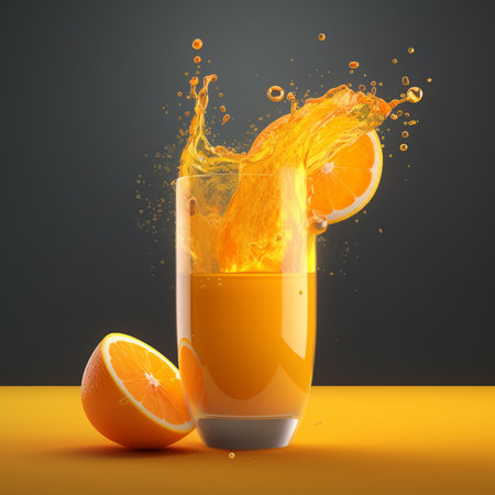 Fresh orange juice splashing out of a glass. 3d renderingの素材