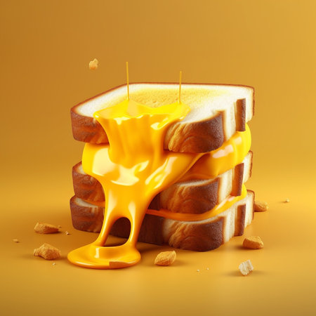 3d rendering of a sandwich with melted cheese and caramel on a yellow backgroundの素材