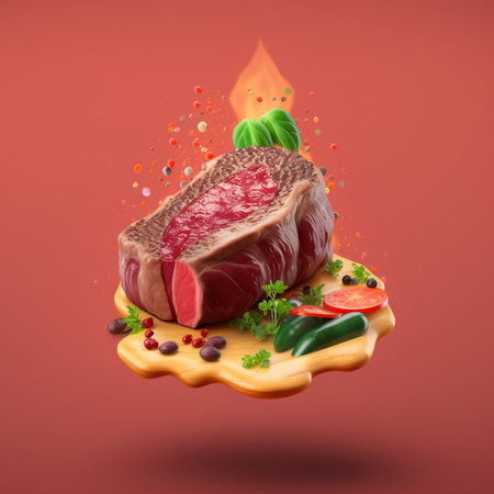 Fresh raw beef meat on wooden board with spices and vegetables on red backgroundの素材