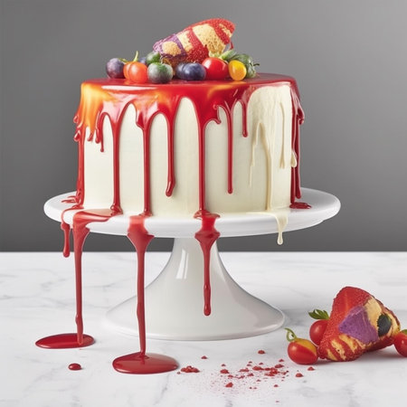 Piece of cake with fruit on a white cake stand on a gray backgroundの素材