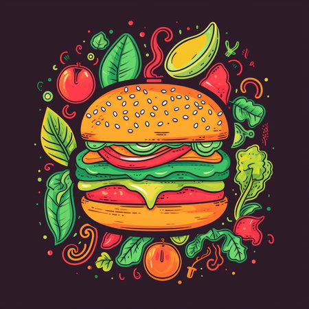 Hamburger with vegetables and fruits. Vector hand drawn illustration.の素材