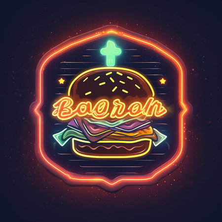 Burger neon sign. Fast food emblem. Vector illustration in neon style.の素材