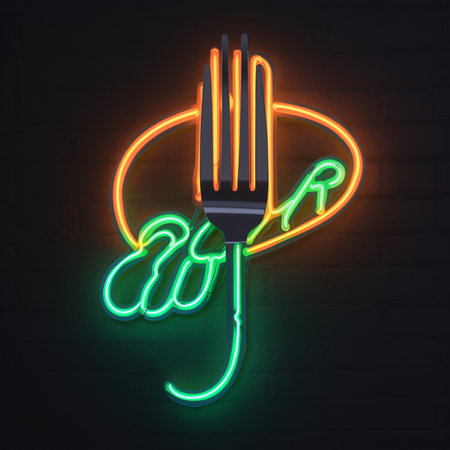 Neon sign of a fork and knife on a dark background.の素材