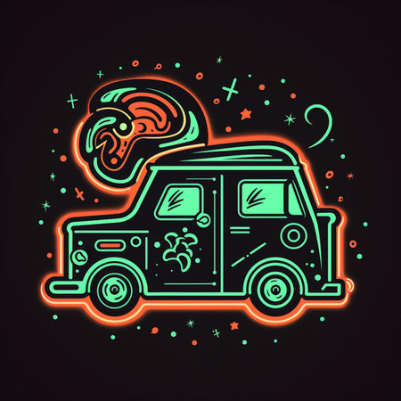Vintage camper van with ear. Vector illustration in neon style.の素材