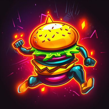 Burger mascot. Vector illustration of fast food burger character.の素材