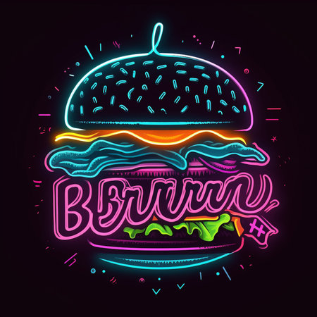 Burger neon sign. Fast food icon. Vector illustration in neon style.の素材