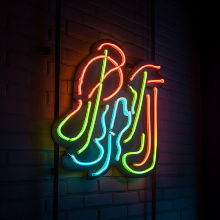 Neon sign in the shape of the letter D on a brick wall.の素材