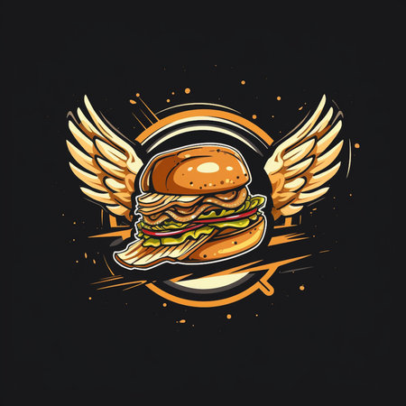 Hamburger with wings. Vector illustration on a black background.の素材