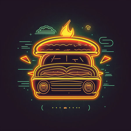 Retro car with fire icon in neon style. Vector illustration.の素材