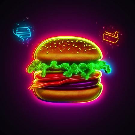 Hamburger neon sign. Realistic vector illustration on dark backgroundの素材