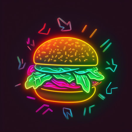 Hamburger neon sign. Fast food icon. Vector illustration.の素材