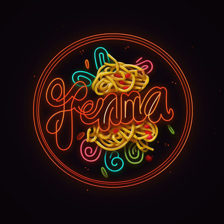 Neon sign with Italian pasta in the form of a circle. Vector illustration.の素材