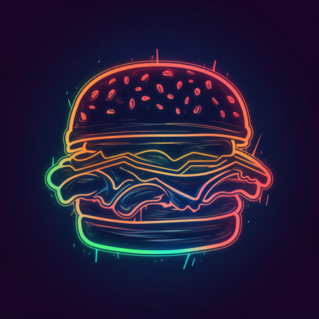 Hamburger icon in neon style. Fast food vector illustration.の素材