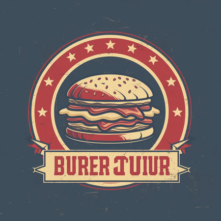 Burger retro vintage label, gold badge emblem. Fast food vector illustration.の素材