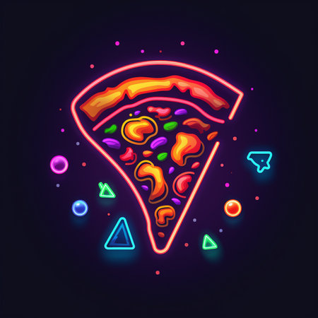 Pizza in neon style on dark background. Vector illustration for your designの素材