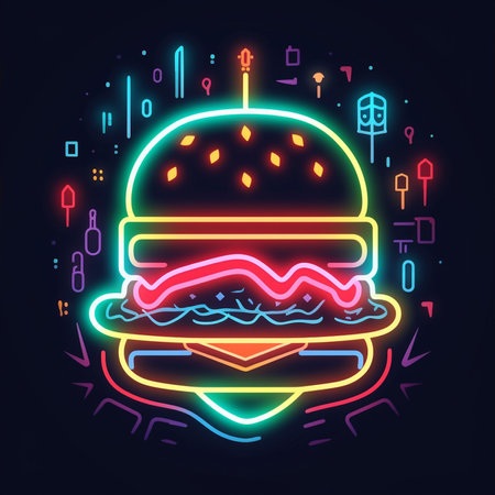Hamburger neon sign, vector illustration in neon style on dark backgroundの素材