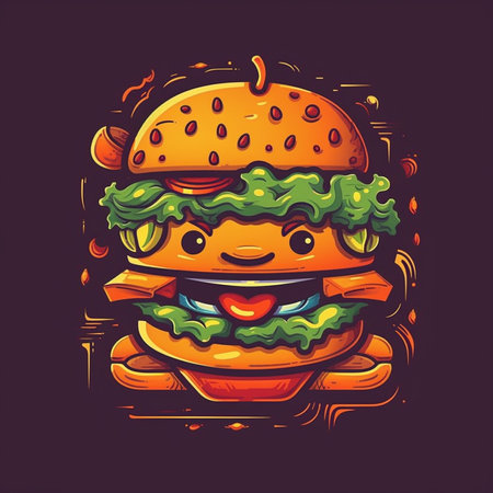Cheerful burger character. Vector illustration of cartoon burger.の素材