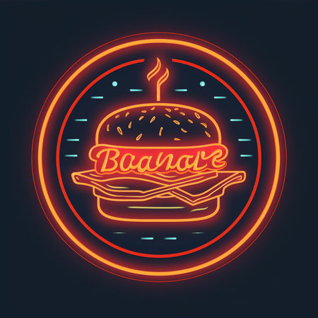 Fast food neon sign. Vector illustration of a burger in neon style.の素材
