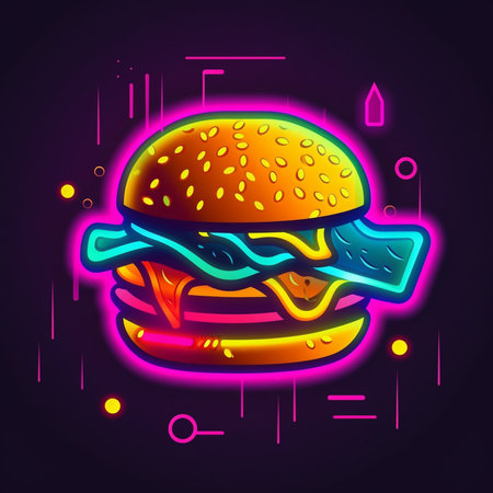 Hamburger icon in neon style. Fast food vector illustration.の素材