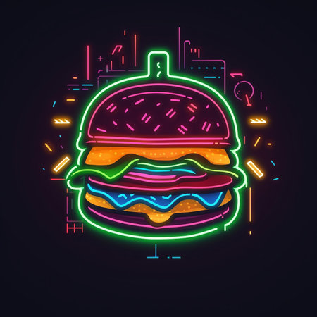 Hamburger neon sign. Vector illustration in neon style on dark backgroundの素材